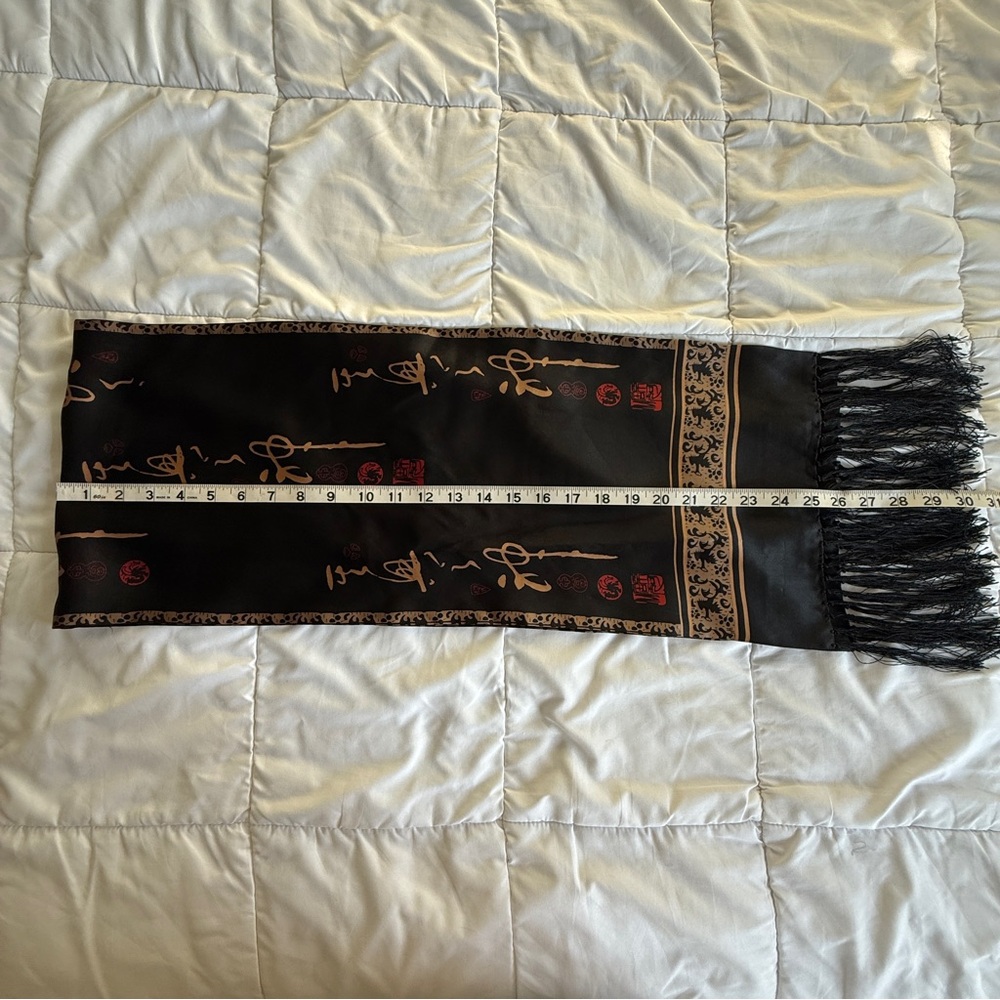 Vintage Black Satin Asian-Inspired Calligraphy Scarf with Fringe - Picture 4 of 5